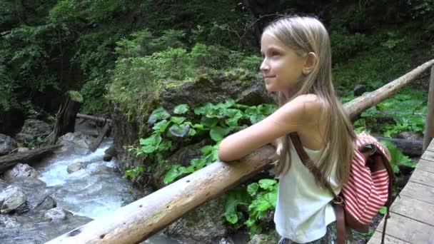 儿童徒步山小径在露营 儿童远足 女孩在森林冒险 — 图库视频影像