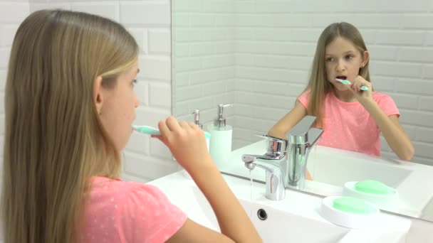 Child Brushing Baby Teeth Bathroom Girl Washing Toothbrush Kid Mirror — Stock Video