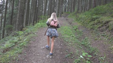 Ormanda yürüyüş çocuk evlat açık doğa, kamp macera oynayan kız