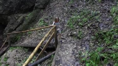 Kamp macera oynamak orman, çocuk Hiking dağlar, kız yürüyüş çocuk