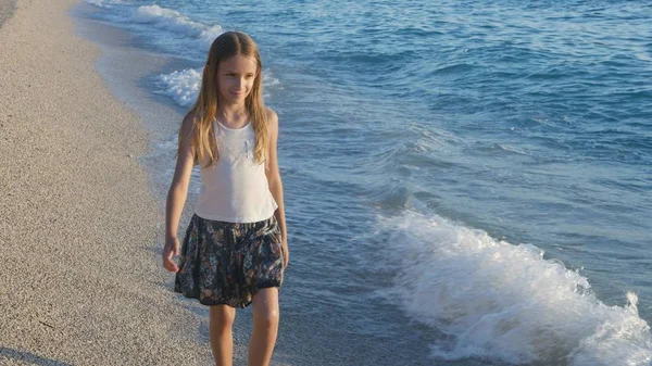 Child Playing Beach Sunset Happy Kid Walking Sea Waves Girl — Stock Photo, Image