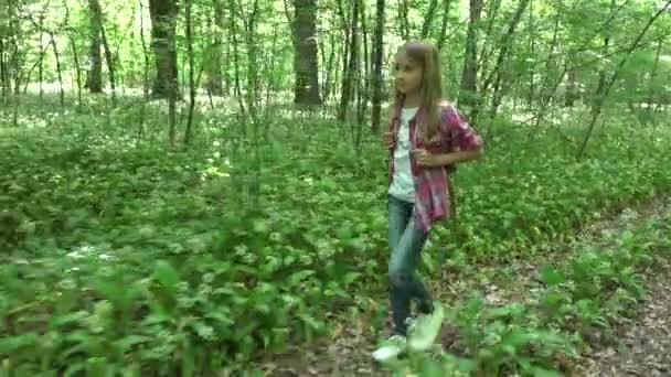 Детская Прогулка Лесу Ребенок Природе Девушка Играющая Кемпинг Приключения — стоковое видео