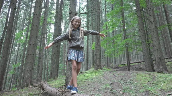 Niño Bosque Caminando Árbol Registro Niño Jugando Camping Aventura Chica —  Fotos de Stock