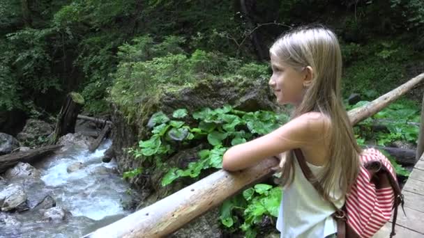 Kind Wandelen Bos Kid Wandelen Bergen Meisje Spelen Camping Avontuur — Stockvideo