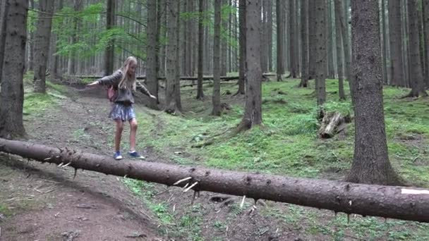 Bambino Nella Foresta Piedi Albero Log Kid Giocare Campeggio Avventura — Video Stock