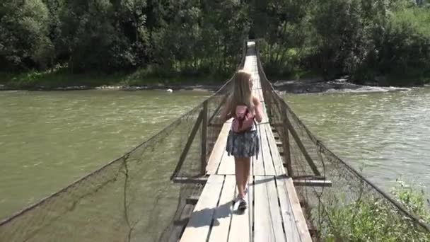 Child Bridge Mountains Kid Hiking Nature Girl Looking River Stream — Stock Video