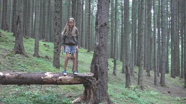 Criança Floresta Caminhando Árvore Log Kid Jogando Camping Adventure Girl — Fotografia de Stock