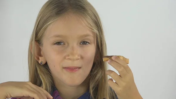 Niños Comiendo Desayuno Cara Niña Retrato Niño Come Tostadas Chocolate — Foto de Stock