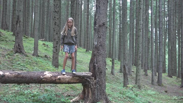 Child Walking in Forest, Kid Outdoor Nature, Girl Playing in Camping Adventure — Stock Photo, Image