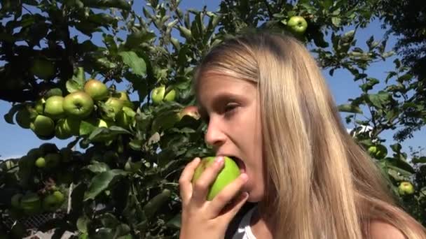 Kind isst Apfel, Kind im Obstgarten, Bäuerin studiert Früchte im Baum — Stockvideo