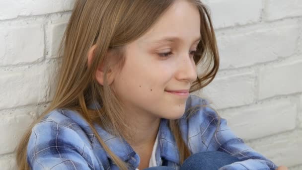 Thoughtful Child Portrait, Pensive Kid Face Looking in Camera, Blonde Bored Girl — Stock Video