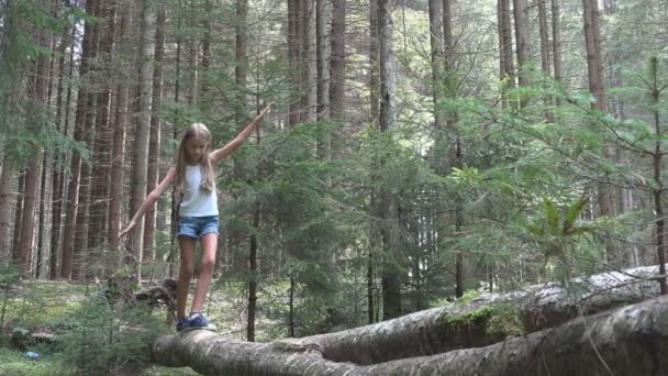 Niño en bosque caminando árbol registro niño jugando camping aventura chica al aire libre madera — Vídeo de stock