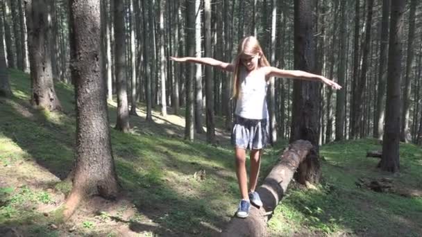 Niño en bosque caminando árbol registro niño jugando camping aventura chica al aire libre madera — Vídeo de stock