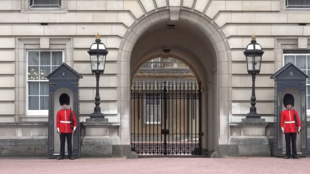Palácio de Buckingham de Londres, Guarda Inglesa Armada Marchando e Guardando 4K — Vídeo de Stock