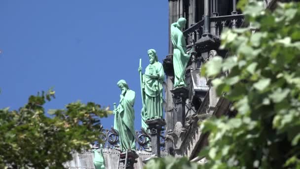 Paris Notre Dame, skulptur statyer, turister som besöker katedralen, religion — Stockvideo