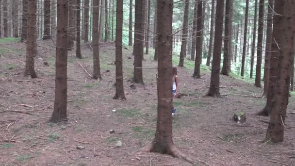 Gyermek séta az erdőben, Gyerek a hegyekben, Lány játszik Camping Adventure — Stock videók