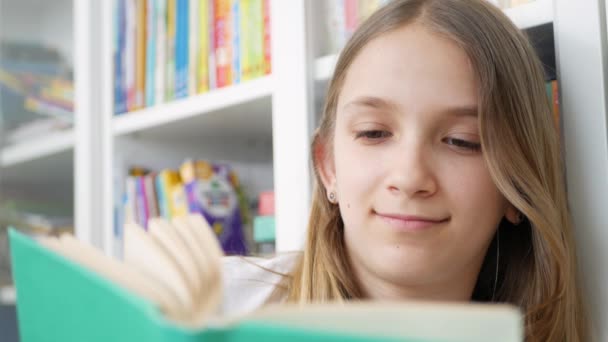 Kid Reading Books, Student Child in School Library, Teenager Girl Studying Learning in Classroom — Αρχείο Βίντεο