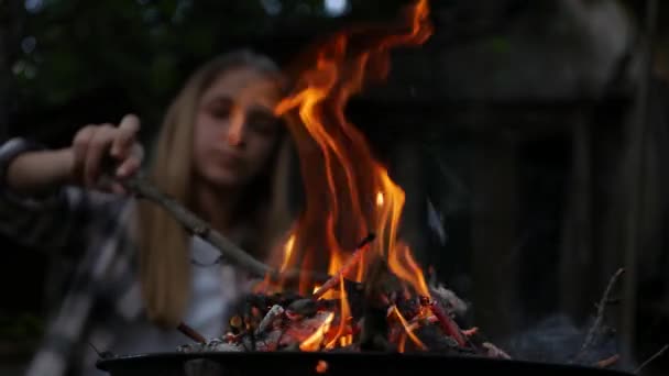 Kid Playing at Campfire Outdoor in Night, Child Plays with Fire in Nature, Girl at Camp at Countryside — стокове відео