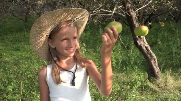 Boerenkind in de appelboomgaard, plattelandsmeisje dat fruit in de boom bestudeert, kind in het dorp — Stockvideo