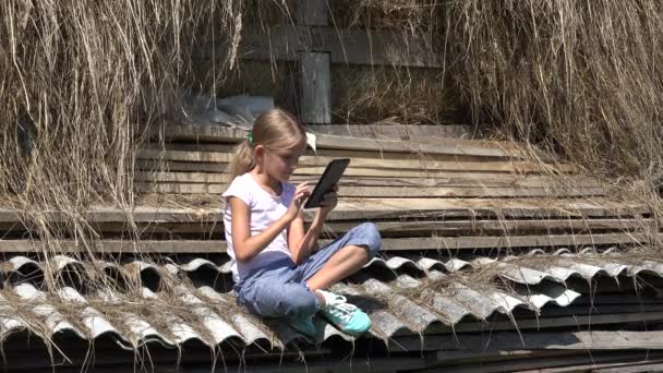 ( 영어 ) kid playing Tablet Outdoor, Rural Child Browsing Smartphone, Rustic Young Girl Searching Internet Online — 비디오