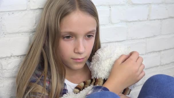 Unhappy Expression of Child, Sad Thoughtful Kid, Stressed Ill Teenager Girl in Depression, Sick Child, Abused Young Person — Stok Video