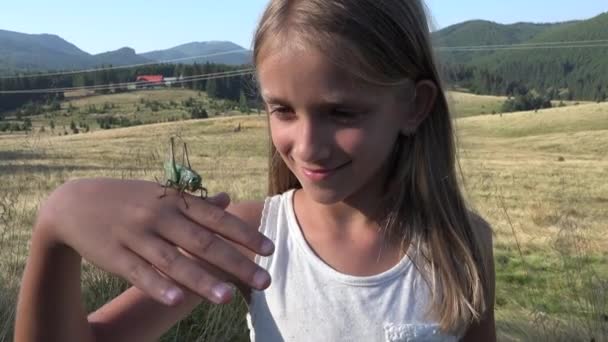 Kid with Grasshopper on Field in Mountains, Dítě hrající si s hmyzem na louce, Rustic Little Girl Outdoor in Nature — Stock video