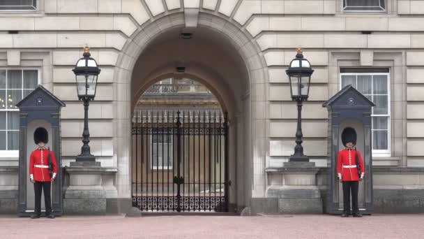 Londra Buckingham Sarayı, Silahlı İngiliz Muhafızlar Yürüyüşü ve Korumaları, Avrupa 'nın ünlü yerleri, — Stok video