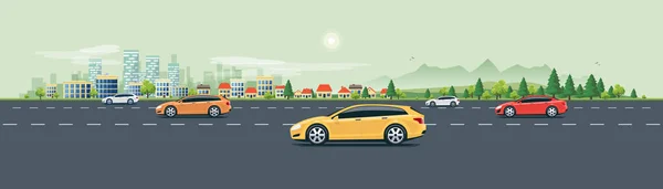 Platte Cartoon Stijl Vectorillustratie Van Stedelijk Landschap Straat Met Auto — Stockvector