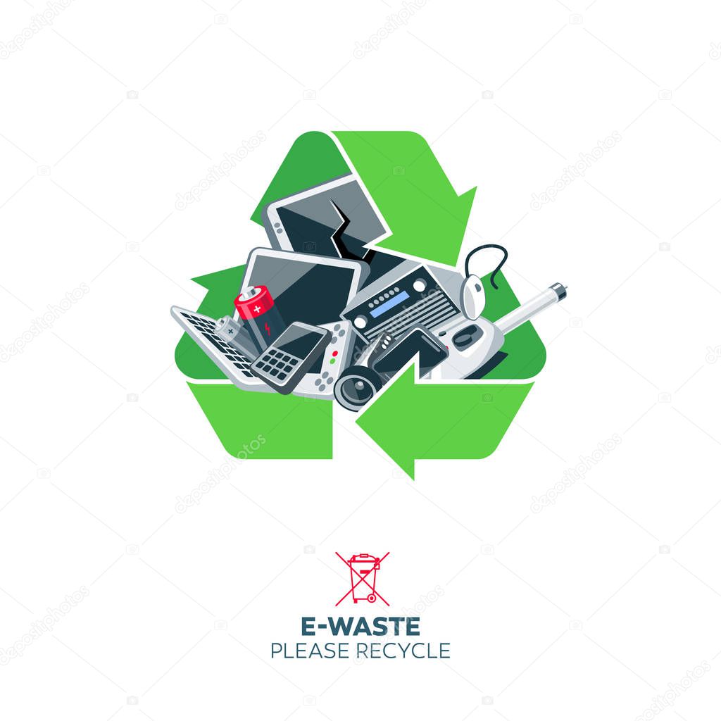 Old discarded electronic waste inside green recycling symbol. E-waste concept illustration with electrical devices such as computer monitor, cell phone, television, video camera, keyboard, mouse. 