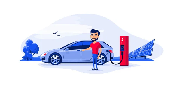 Ilustração Vetorial Plana Carro Elétrico Carregando Estação Carregador Com Jovem — Vetor de Stock