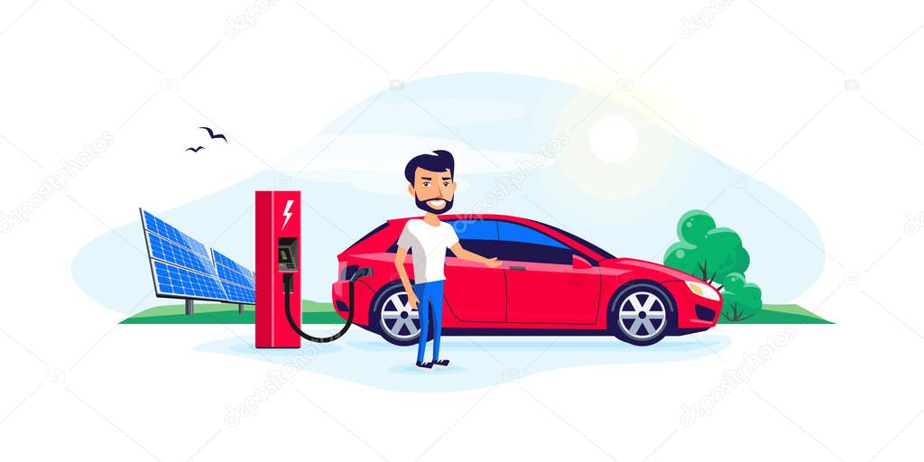 Flat vector illustration of a electric car charging at the charger station with a young smiling man. Green trees nature and solar panels in the background. Electromobility e-motion concept.