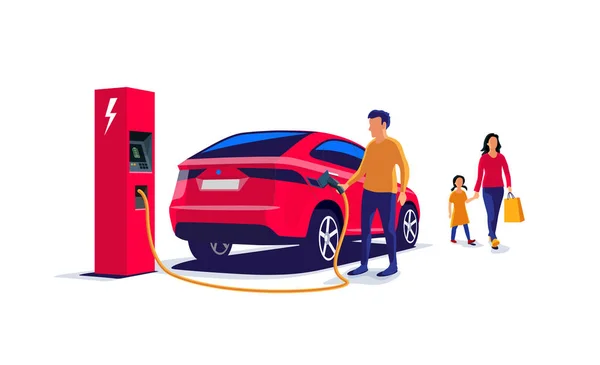 红色电动 Suv 家庭汽车充电在充电站 父亲拿着有线电视 母亲带着孩子从商店里出来 白色背景上的孤立平面矢量图 — 图库矢量图片