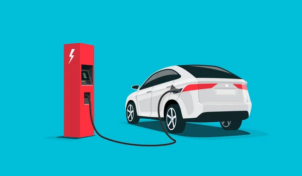 Ilustración Vectorial Plana Coche Eléctrico Blanco Suv Carga Estación Cargador — Archivo Imágenes Vectoriales