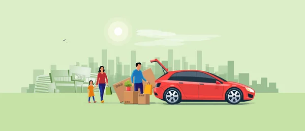 Familie winkelen en het laden van de auto kofferbak met aankoop — Stockvector