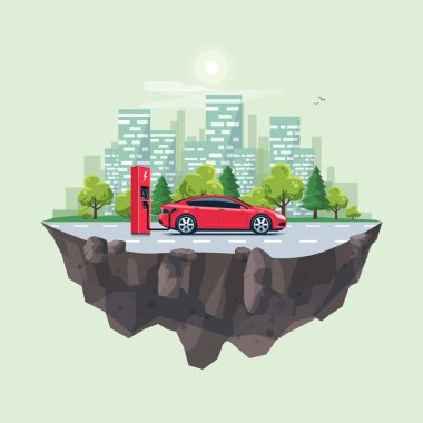Kırmızı bir elektrikli otomobil yeşil şehir manzarası uçan dünya küre ada manzara ile sokakta şarj istasyonu şarj düz vektör Illustration. Electromobility e-motion kavramı. 