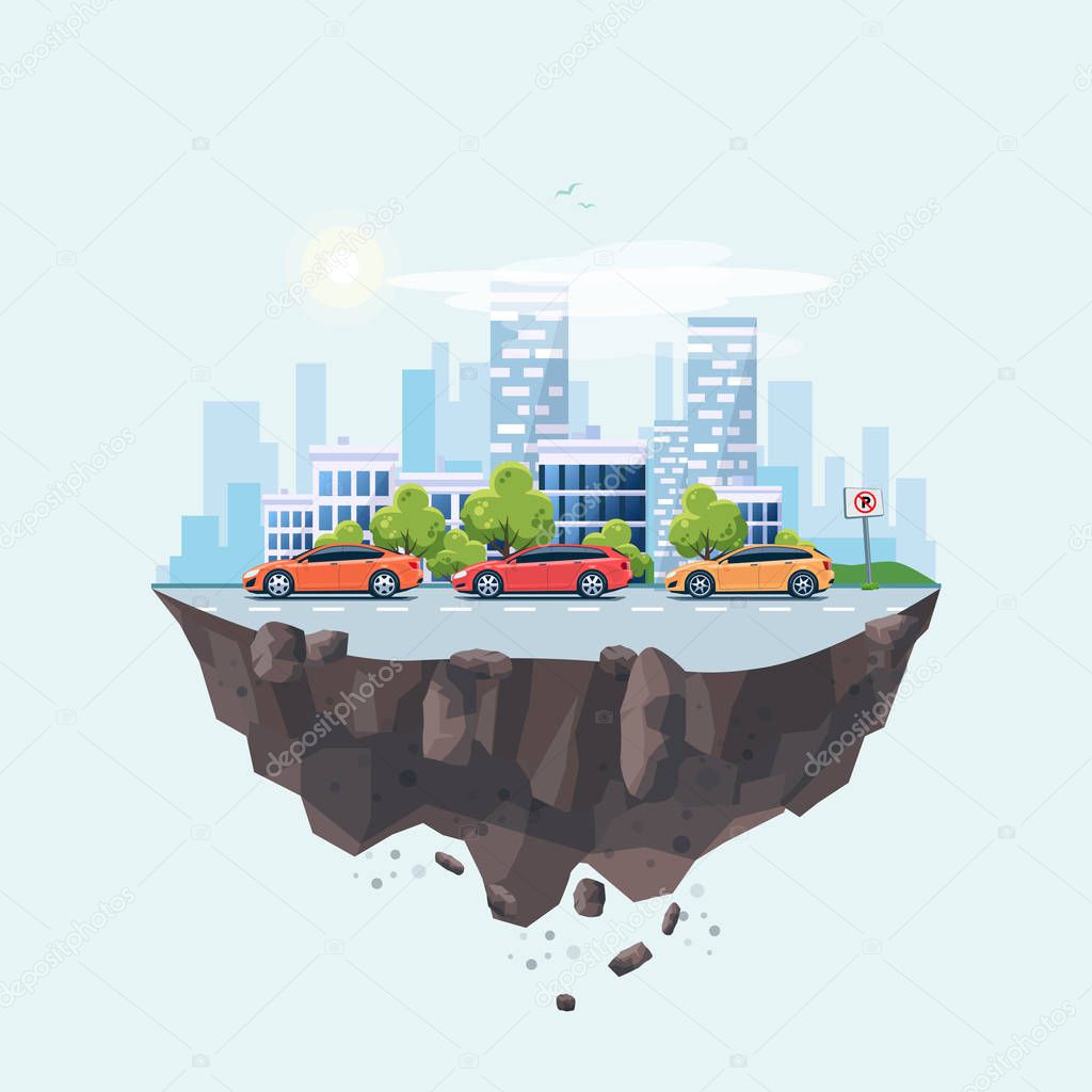 Flat vector illustration of cars parking along the city street on the earth globe island landscape. Vehicles parked on wrong place with no parking sign. Skyscrapers skyline on blue background.