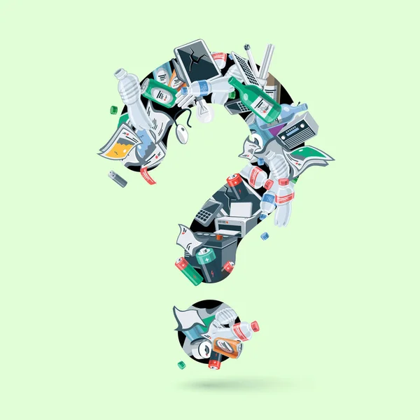 Illustrazione degli elementi del cestino che formano un punto interrogativo sui rifiuti — Vettoriale Stock