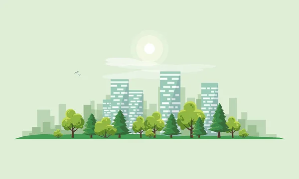 Ilustración Vectorial Plana Del Paisaje Urbano Calle Con Edificios Oficinas — Vector de stock