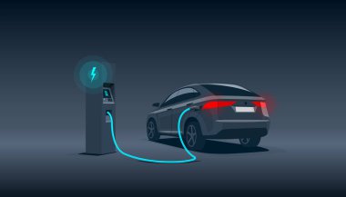 Şarj şarj istasyonu sırasında en yüksek elektrik kapalı gece zaman düşük isteğe bağlı bir lüks siyah elektrikli araba suv vektör Illustration. Electromobility Eko gelecekteki ulaşım e-motion kavramı. 