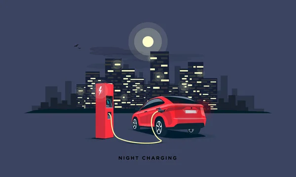 矢量说明了一辆红色电动车 Suv 充电在充电站夜间时间低用电需求 黑暗的城市大厦天际在背景 夜非高峰汽车充电 — 图库矢量图片