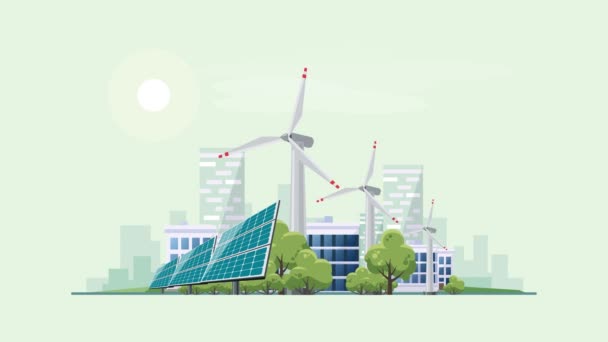 風力タービンとソーラー パネル都市スカイラインの事務所建物の前の単純なモーション単発 フラット漫画アニメーション 持続可能な再生可能なエコ グリーン エネルギー供給シティのテーマ — ストック動画