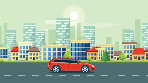 简单的运动 Loopable 平面卡通动画汽车的道路上城市景观与移动天际线摩天大楼和办公楼在背景 街道上的交通 — 图库视频影像