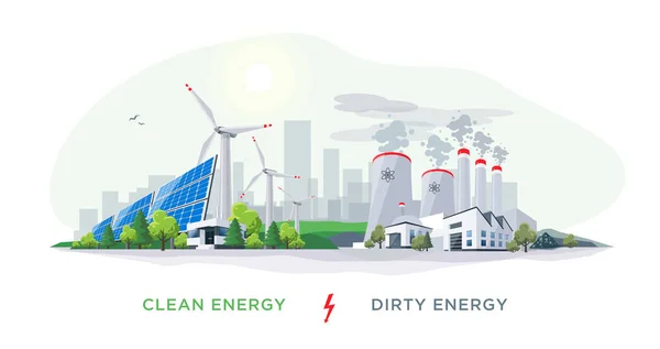 Vector Illustration Showing Clean Dirty Electricity Generation Production Polluting Fossil — Stock Vector