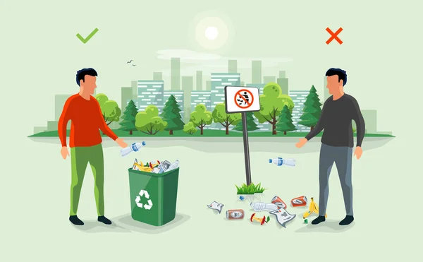 Comportamento Correto Errado Dos Resíduos Lixo Pessoa Deitou Fora Lixo — Vetor de Stock