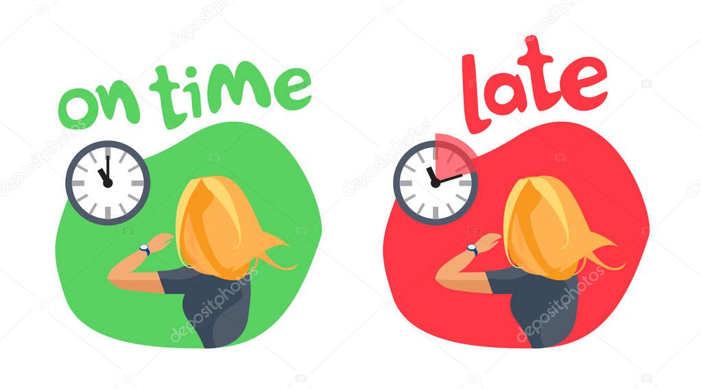 Comparing person being on time and running late. Young hurrying blonde woman with wristwatch watching on wall clock showing delay. Cartoon vector illustration isolated on white background.