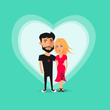 Genç güzel mutlu çift birlikte ve her diğer. Sevgililer için düz vektör çizim karikatür tarzı kalp arka plan ile. Siyah saçlı sarışın bir eş tutan hipster adam.