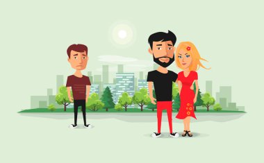 Sad ex romantik çift arıyorum erkek kıskanç. İlişki kavramı geçmiş. Eski sevgilisi aşk üçgeni. Eski güzel çiftle ve kentsel şehir manzarası arka plan. Düz vektör karikatür çizim.