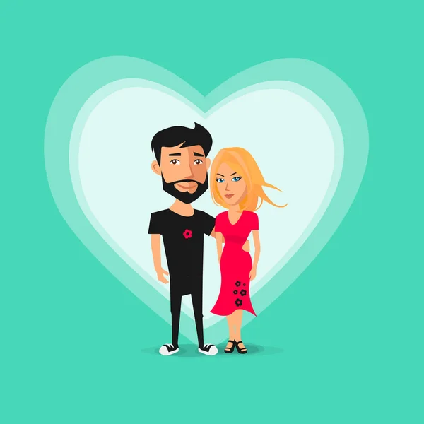 年轻美丽的幸福夫妇在一起 抱着对方 平面向量例证与心脏背景在卡通风格的圣情人节 黑头发的时髦男人持有一个金发的妻子 — 图库矢量图片
