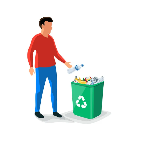 Osoba Kaukaski Mężczyzna Rzucanie Plastikowej Butelce Odpadów Zielony Śmieci Kosz — Wektor stockowy