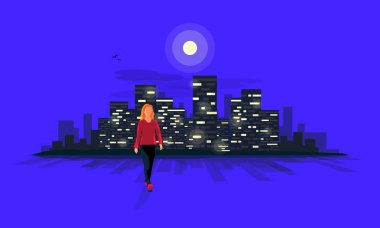 Karanlık kentsel peyzaj şehir bina ışıkları ve mavi yol arka planda resimli ay ışığı manzarası ile gece bir sokakta yürüyen bir genç kadın siluet vektör çizim. 